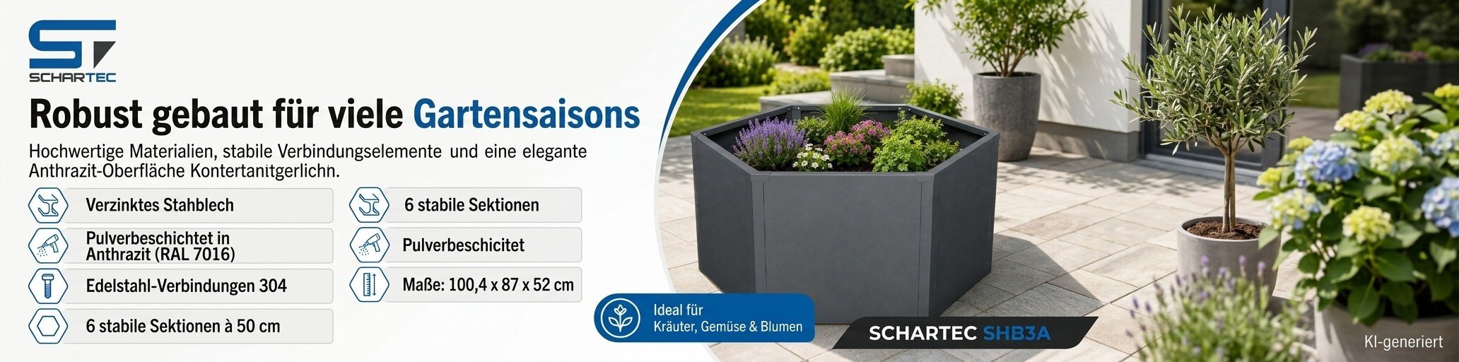 Klickbares Banner mit Schartec Hochbeeten und Vorteilen. Führt zur Kategorieseite Hochbeete