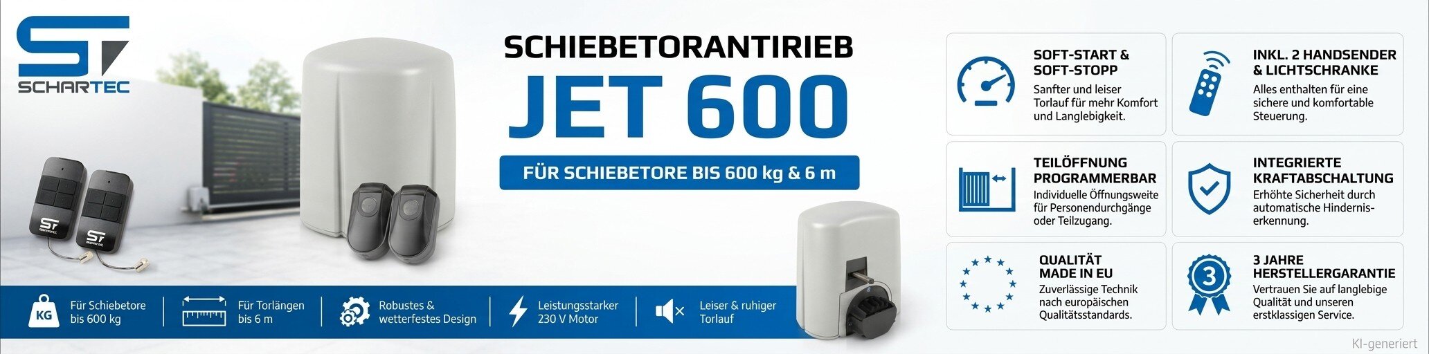 Klickbares Banner mit Schiebetorantrieb Jet und Vorteilen. Führt zur Kategorieseite Schiebetorantriebe