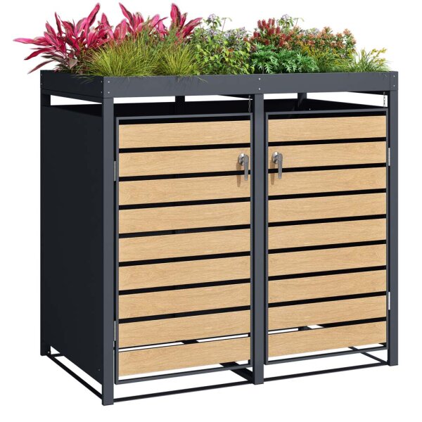 Schartec Mülltonnenbox 2er Holz Design mit Pflanzdach SMBF1-2-H