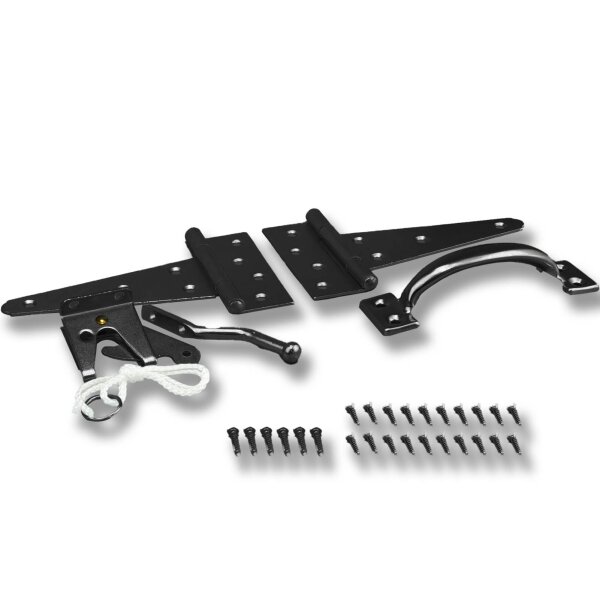 Gartentor Beschlag-Set schwarz – Torfalle, T-Scharniere & Griff in modernem Design