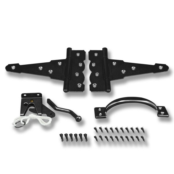 Gartentor Beschlag-Set schwarz – Torfalle & T-Scharniere in Classic Design