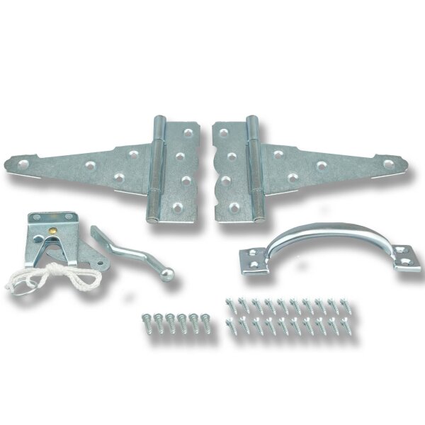 Gartentor Beschlag-Set silber – Torfalle & T-Scharniere in Classic Design