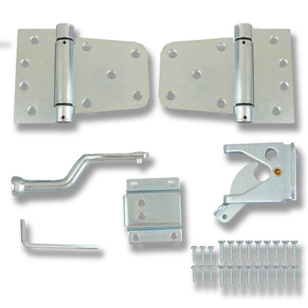 Gartentor Beschlag-Set silber extra-breit – Torfalle & T-Scharniere in schlichtem Design